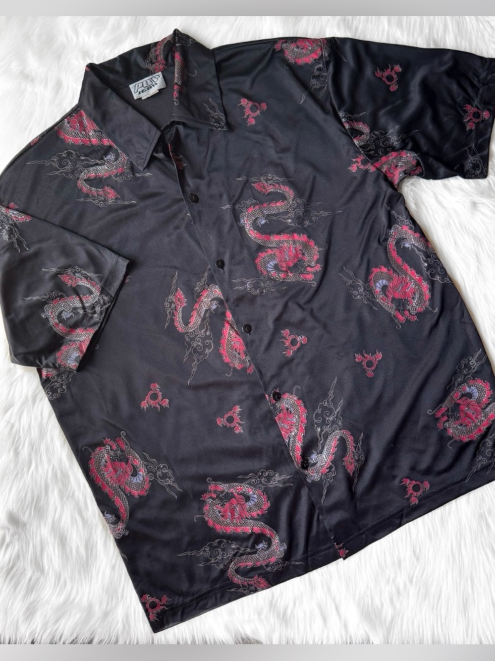 Vintage Pop Icon Shirt Mens L Black Red Dragon 90S Y2K Button Up Club Rave USA